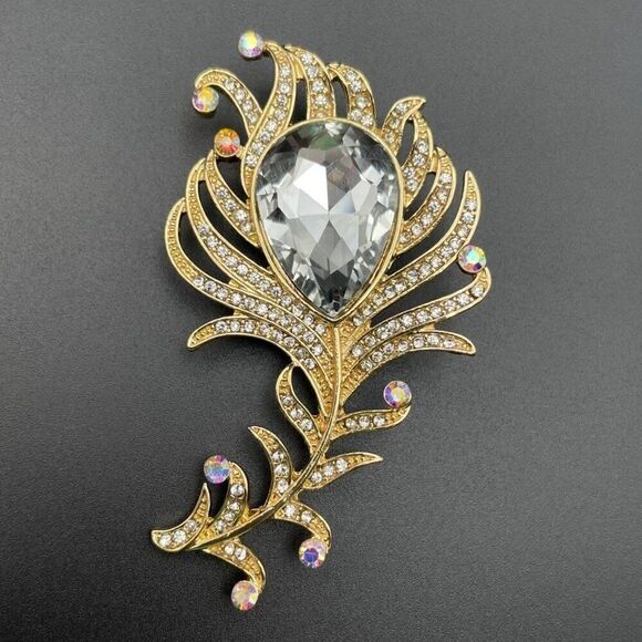 Yellow Gold with Diamond and AB Crystal Single Peacock Feather Pin Back Brooch - Picture 2 of 9